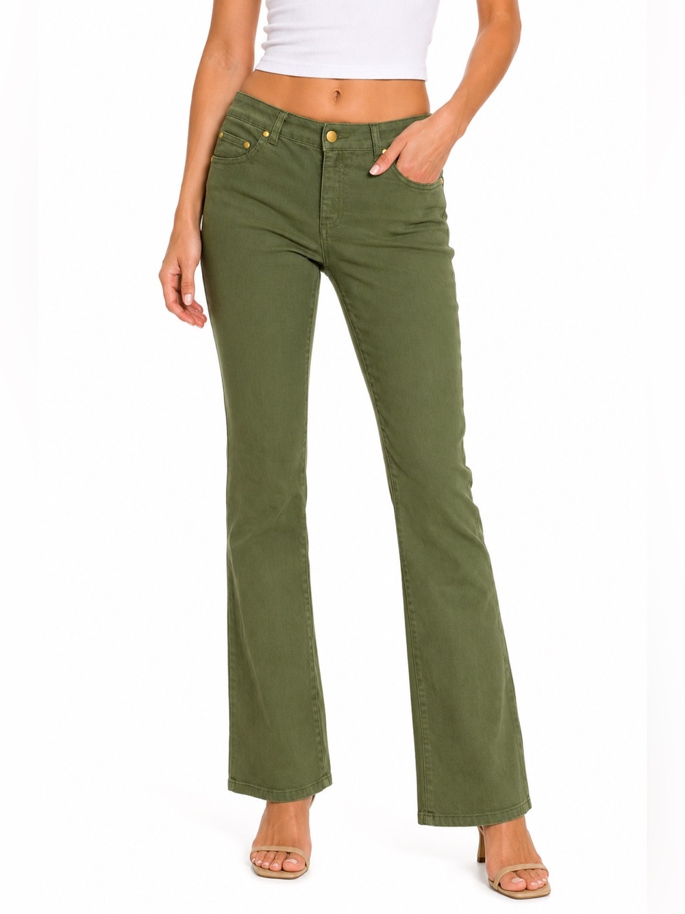 IMAN Olive Green Bootcut Jeans Stretch Gold Hardware Size M